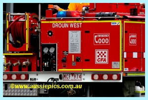 the back of the Drouin West Fire Brigade tanker the back of the Drouin West Fire Brigade tanker